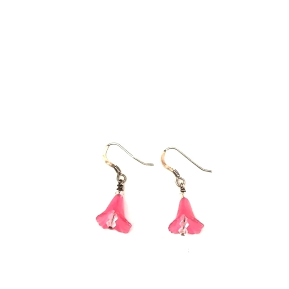 VINTAGE STERLING SILVER PINK FLORAL CRYSTAL DROP DANGLE 1